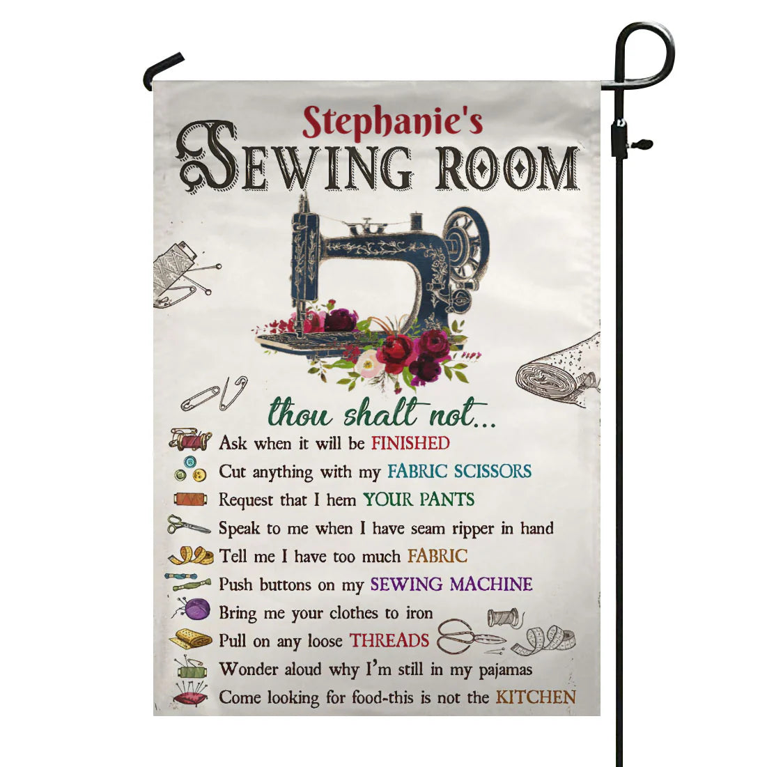 Personalized Sewing Room Rules Garden Flag personalization view for Mom