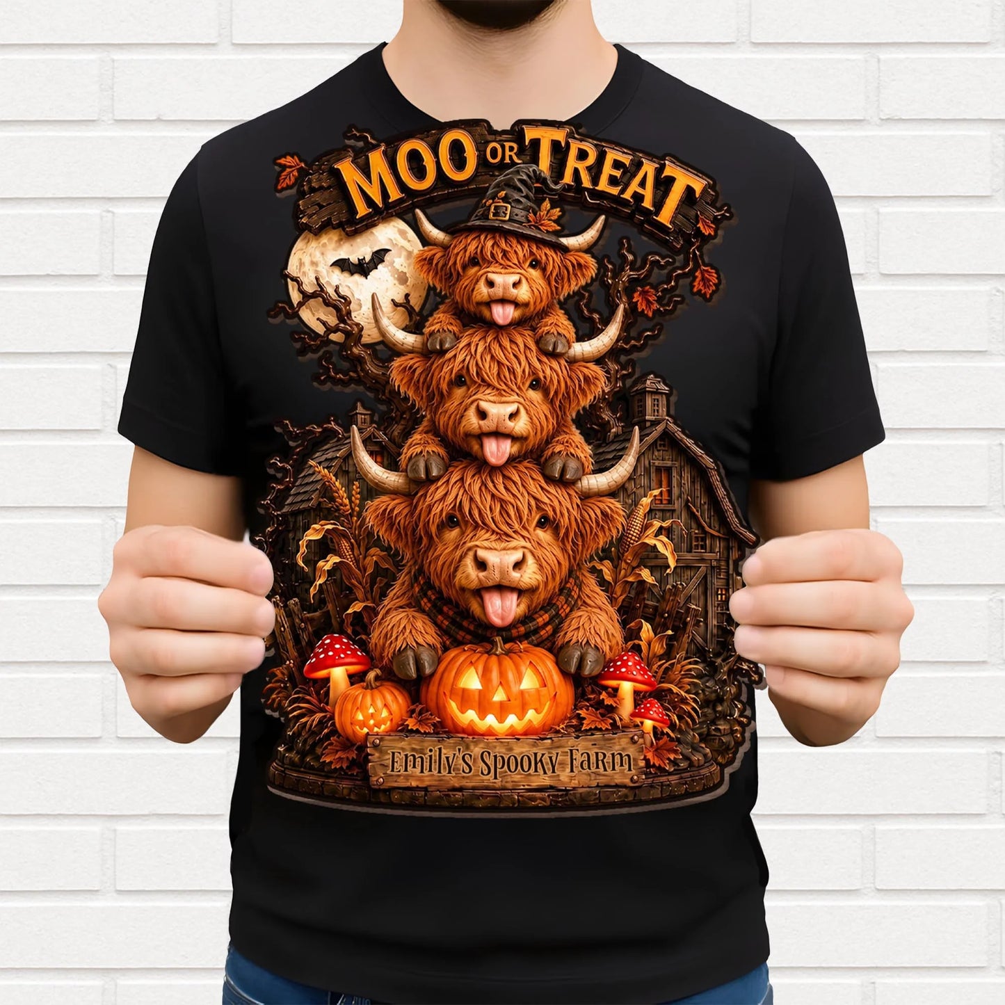 Moo Or Treat Personalized Highland Cow Wood Sign - Custom Halloween Farm Decor