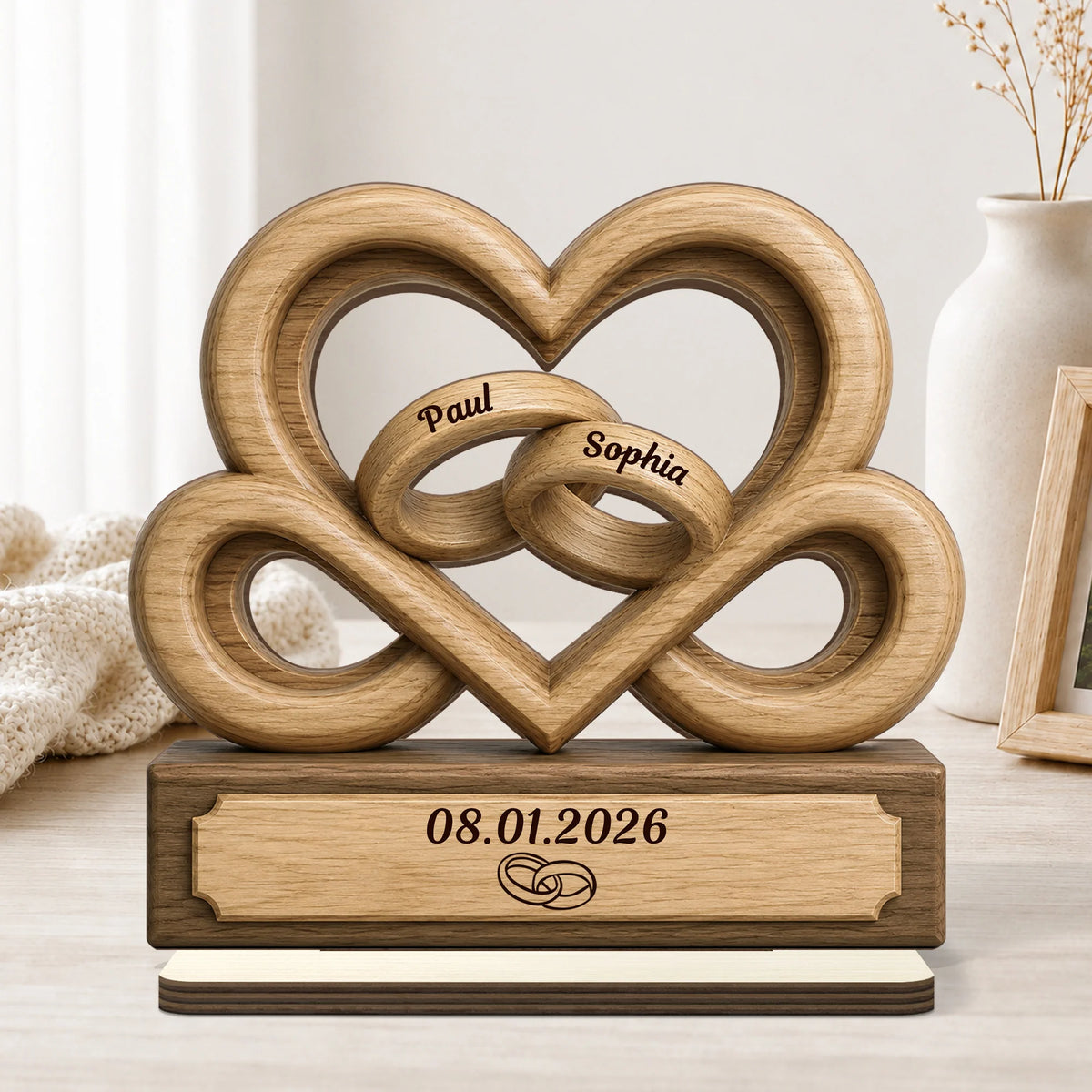 Interlocking Heart Rings Personalized Wooden Plaque - Custom Couple Anniversary Keepsake Gift