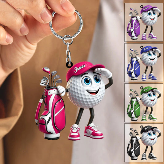 Personalized golf buddy keychain with custom name on hat, cute golf ball mascot gift for golfers