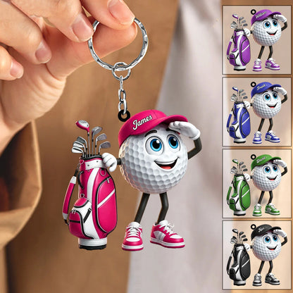 Personalized golf buddy keychain with custom name on hat, cute golf ball mascot gift for golfers