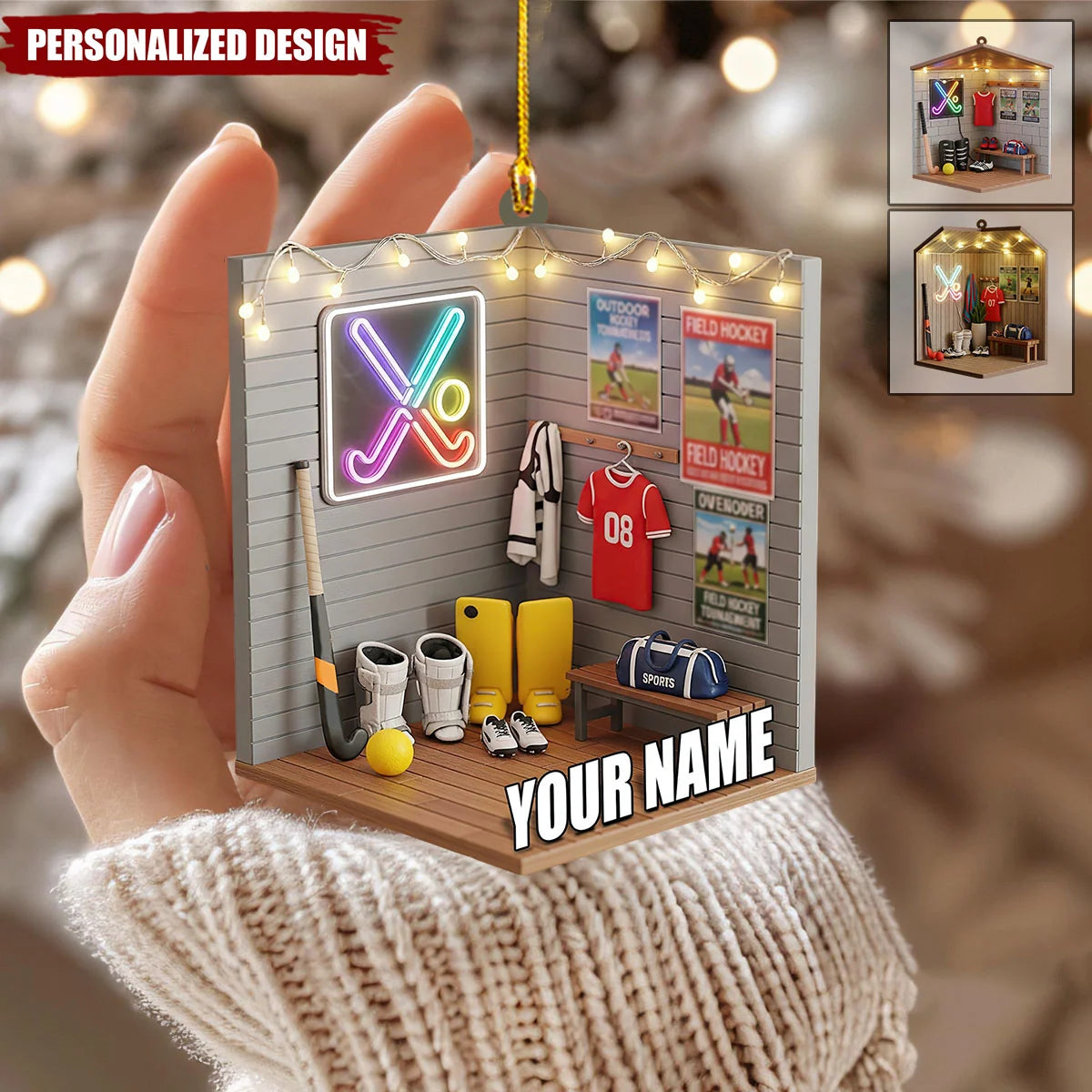Locker Room Scene Personalized Field Hockey Christmas Ornament - Sports Keepsake Gift for Player and Teammate