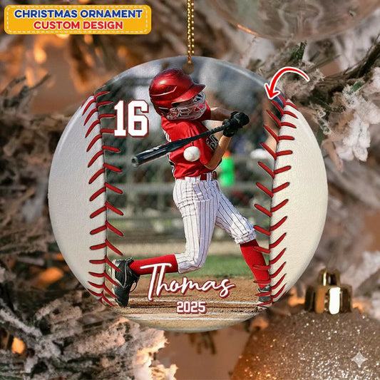 Custom Photo Baseball Ceramic Ornament for Son/Grandson with personalized design details for meaningful gifting