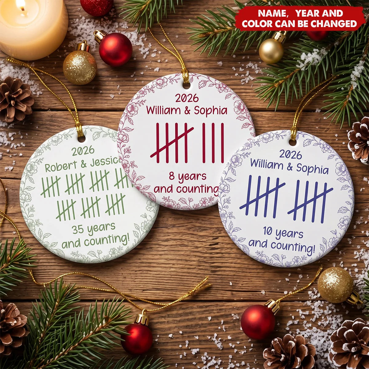 Years and Counting Tally Mark Personalized Ceramic Ornament - Custom Couple Anniversary Gift
