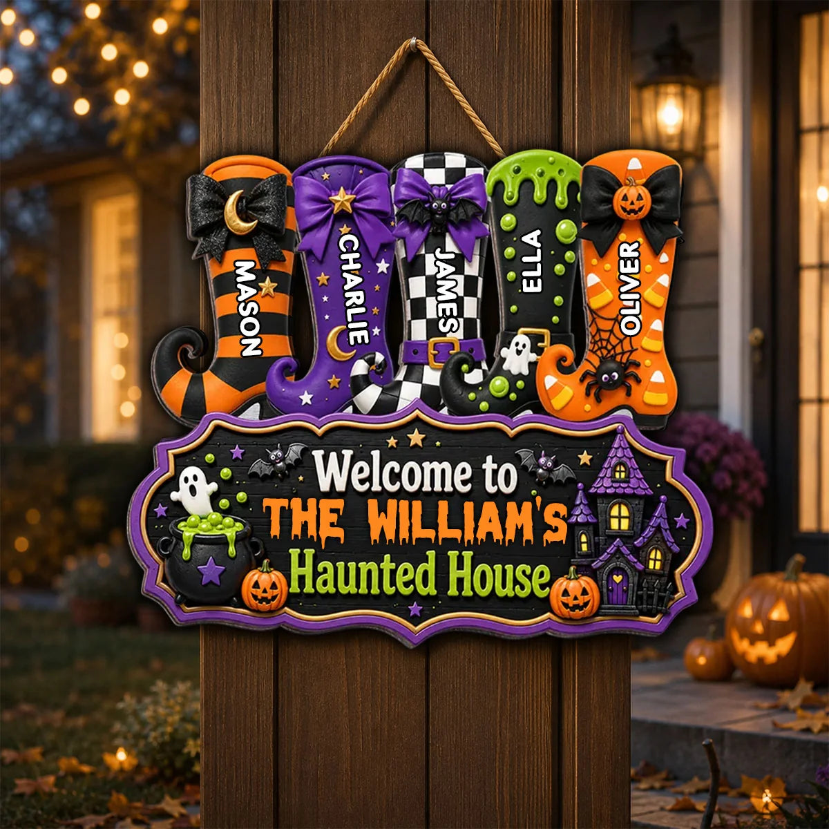 Welcome to Grandpa & Grandma's Haunted House - Personalized Halloween Wood Sign with Custom Witch Boots Decor