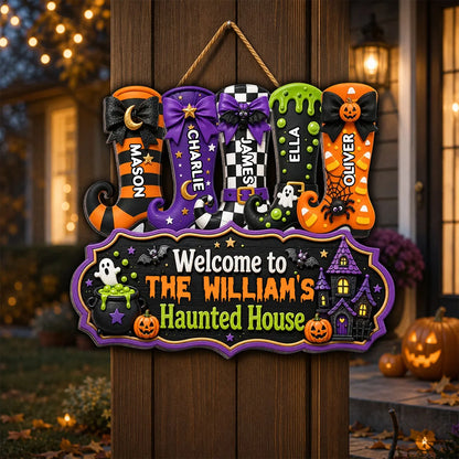 Welcome to Grandpa & Grandma's Haunted House - Personalized Halloween Wood Sign with Custom Witch Boots Decor