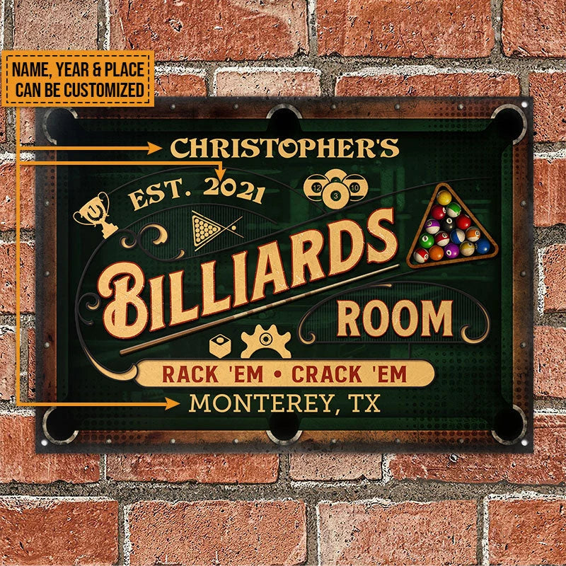Rack 'Em Crack 'Em Personalized Billiards Metal Sign - Custom Game Room Wall Decor