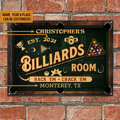Rack 'Em Crack 'Em Personalized Billiards Metal Sign - Custom Game Room Wall Decor