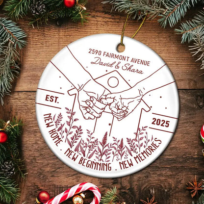 New Home New Beginning - Personalized Ceramic Ornament Holding Hands Couple Gift