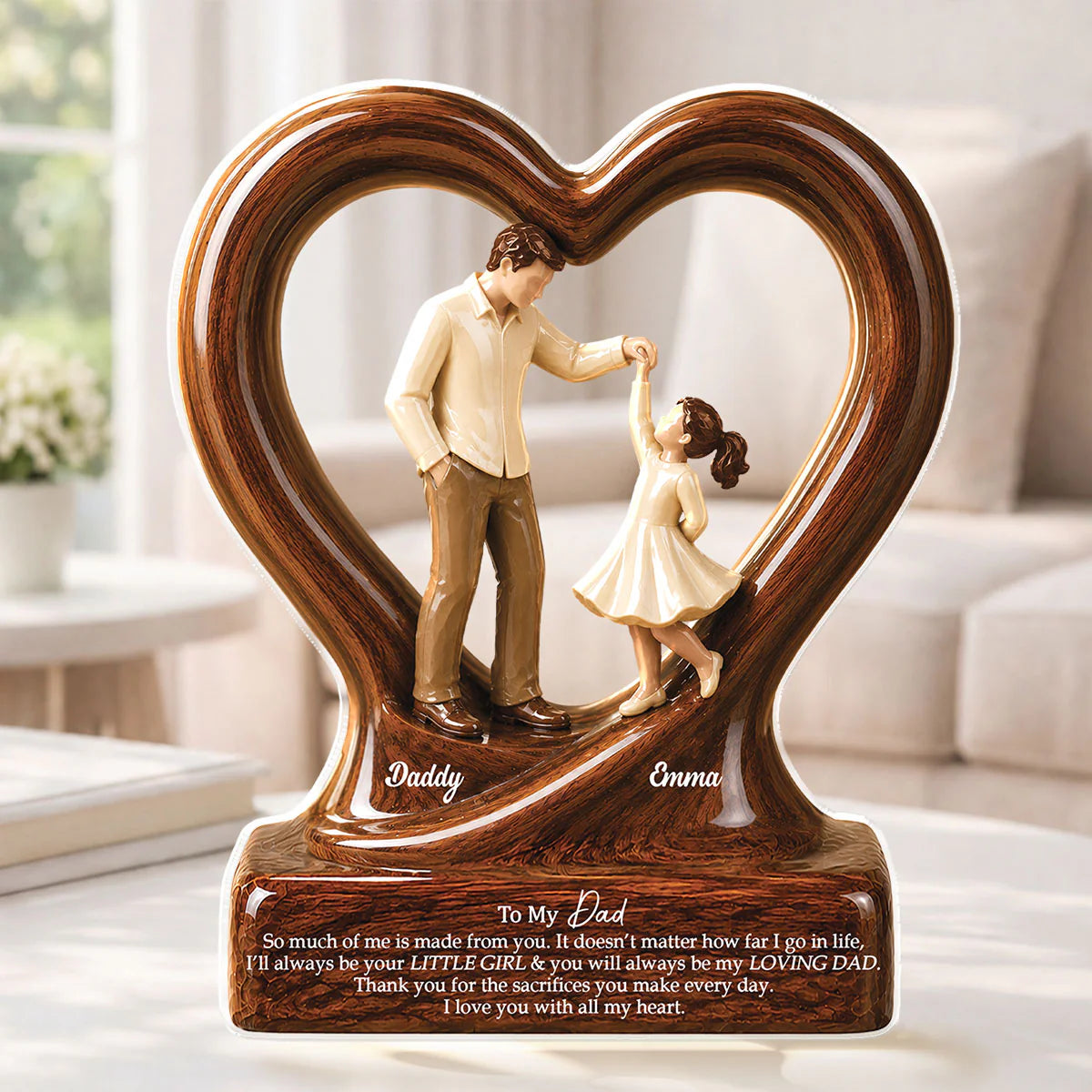 Personalized dad acrylic plaque with heart shape and father daughter design, ideal custom Father's Day gift