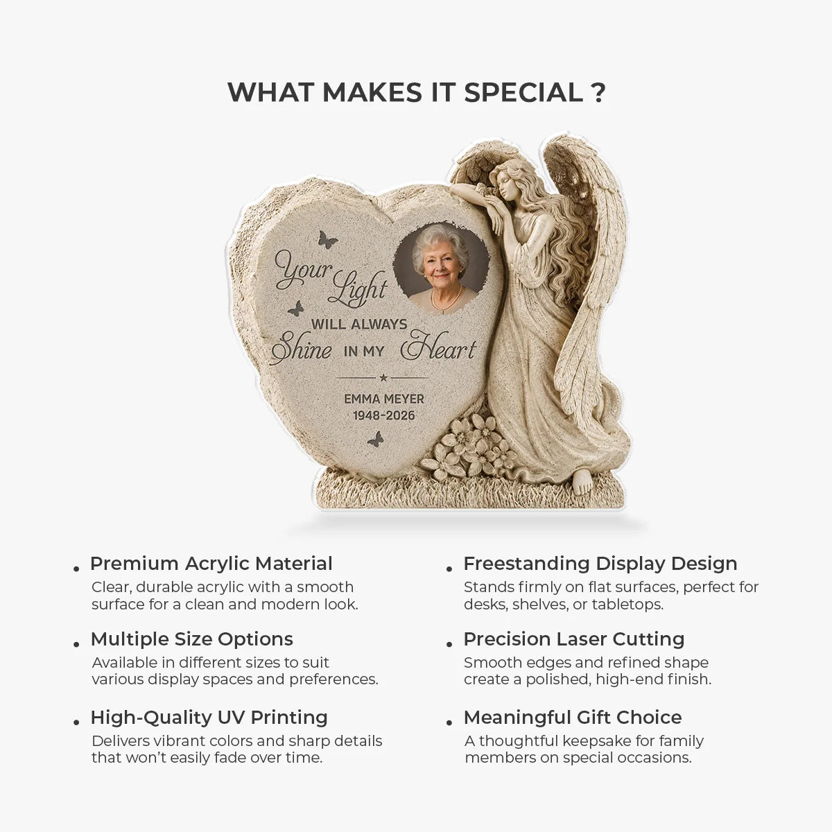 Your Light Will Always Shine In My Heart - Personalized Angel Acrylic Memorial Plaque