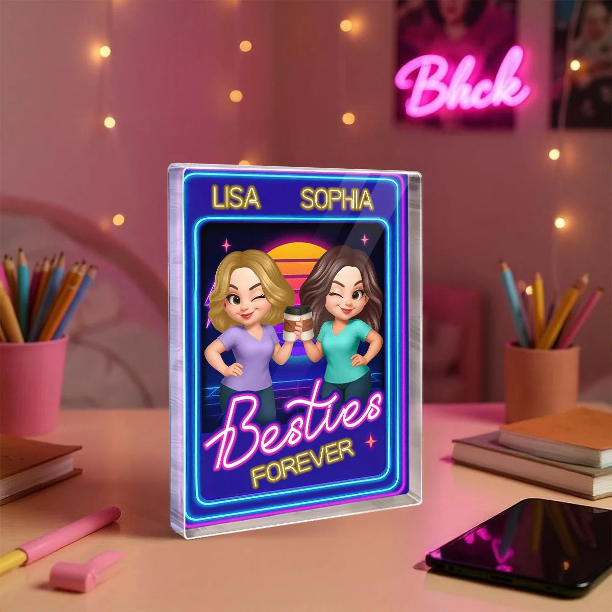 Personalized best friend acrylic block featuring retro neon design and customized avatars for a unique keepsake gift image 9