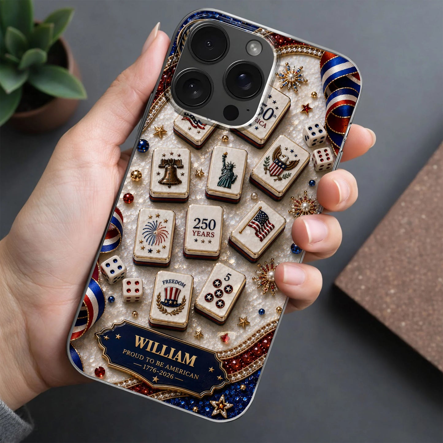 Personalized patriotic clear phone case with 3D mahjong tiles design for USA 250th anniversary gift image 6