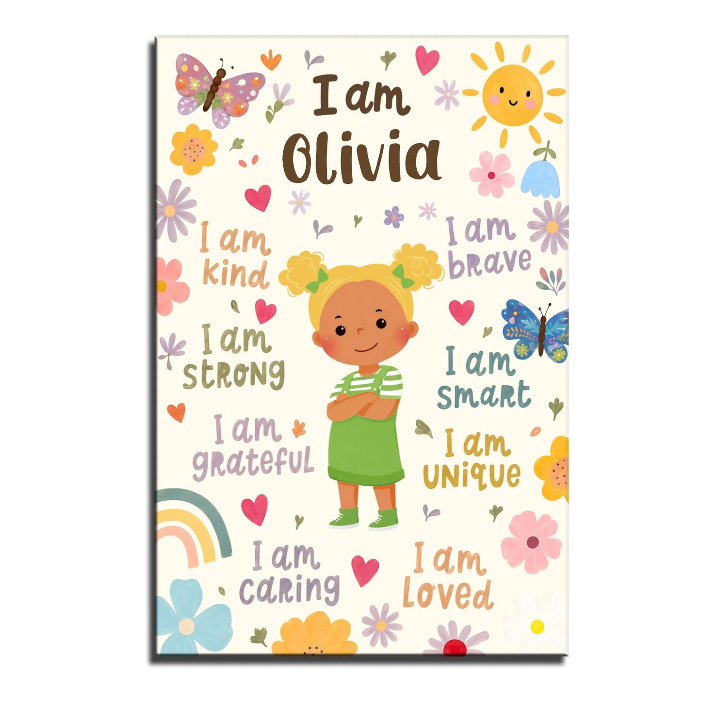 Custom kid affirmations poster featuring a cartoon girl and flowers with a personalized child name text image 9