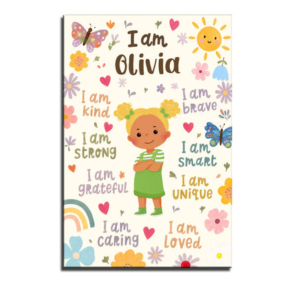 Custom kid affirmations poster featuring a cartoon girl and flowers with a personalized child name text image 9