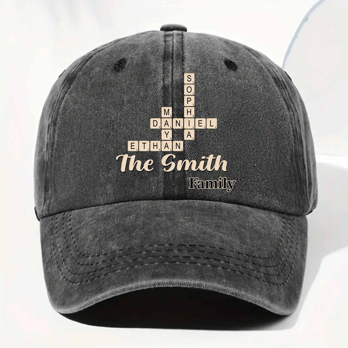 Family Crossword Names Personalized Washed Denim Cap - Reunion Keepsake for Dad & Mom