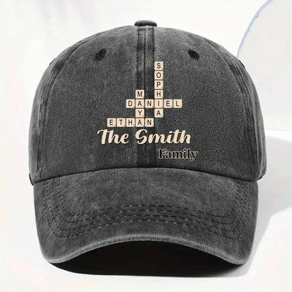Family Crossword Names Personalized Washed Denim Cap - Reunion Keepsake for Dad & Mom