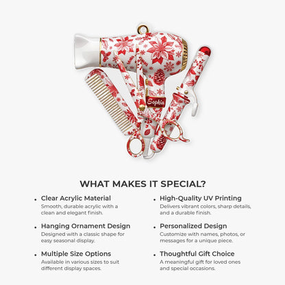 Floral Hair Stylist Tools Personalized Acrylic Ornament - Christmas Gift for Hairstylists