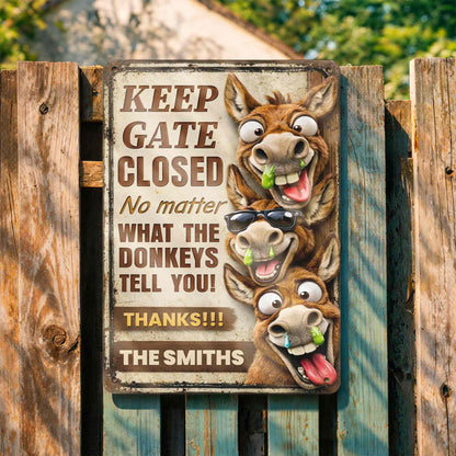 Funny Personalized Donkey Farm Gate Metal Sign for Dad with personalized design details for meaningful gifting
