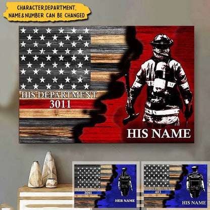Personalized police officer canvas with thin blue line flag design and custom name text for law enforcement gift