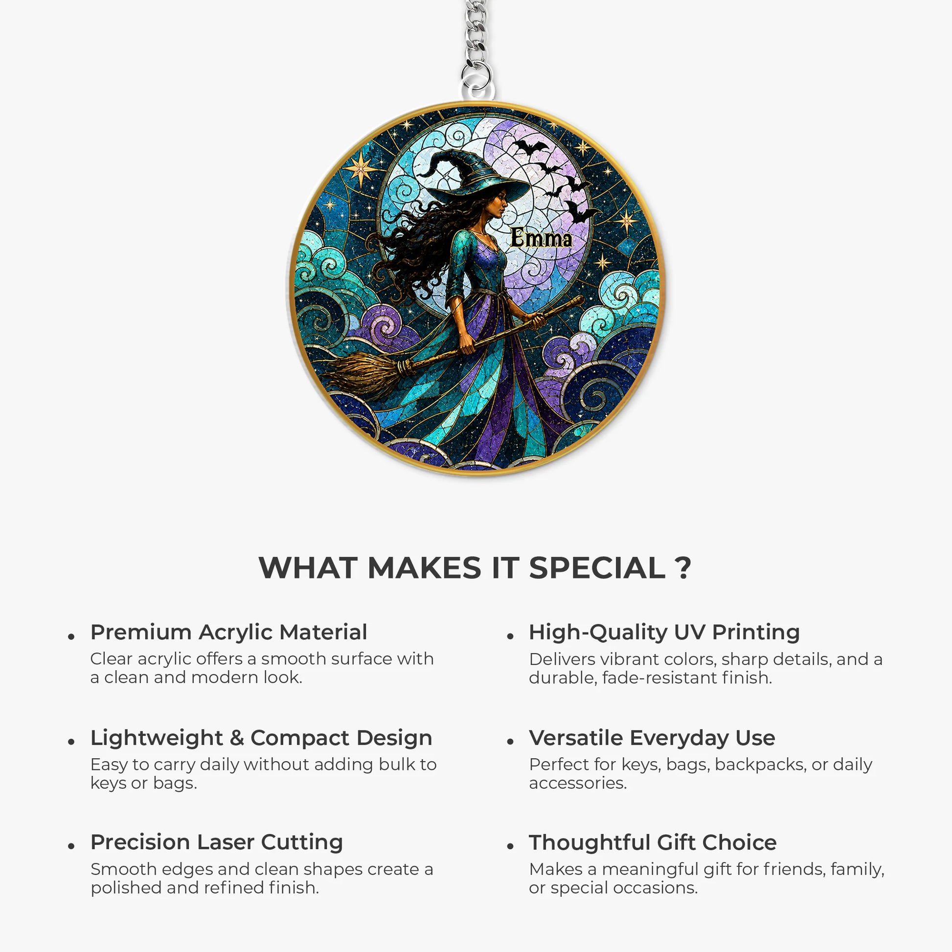 Personalized Moonlit Witch Acrylic Keychain - Custom Halloween Gift for Her