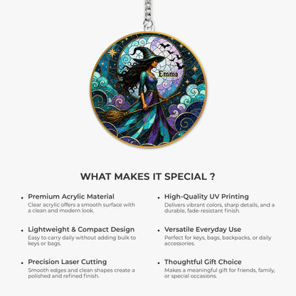 Personalized Moonlit Witch Acrylic Keychain - Custom Halloween Gift for Her