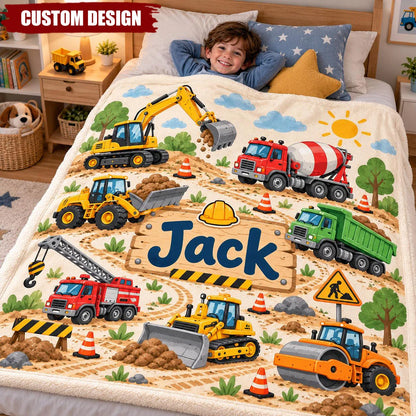 Construction Truck Custom Name Fleece Blanket - Personalized Excavator Toddler Boys Birthday & Christmas Gift