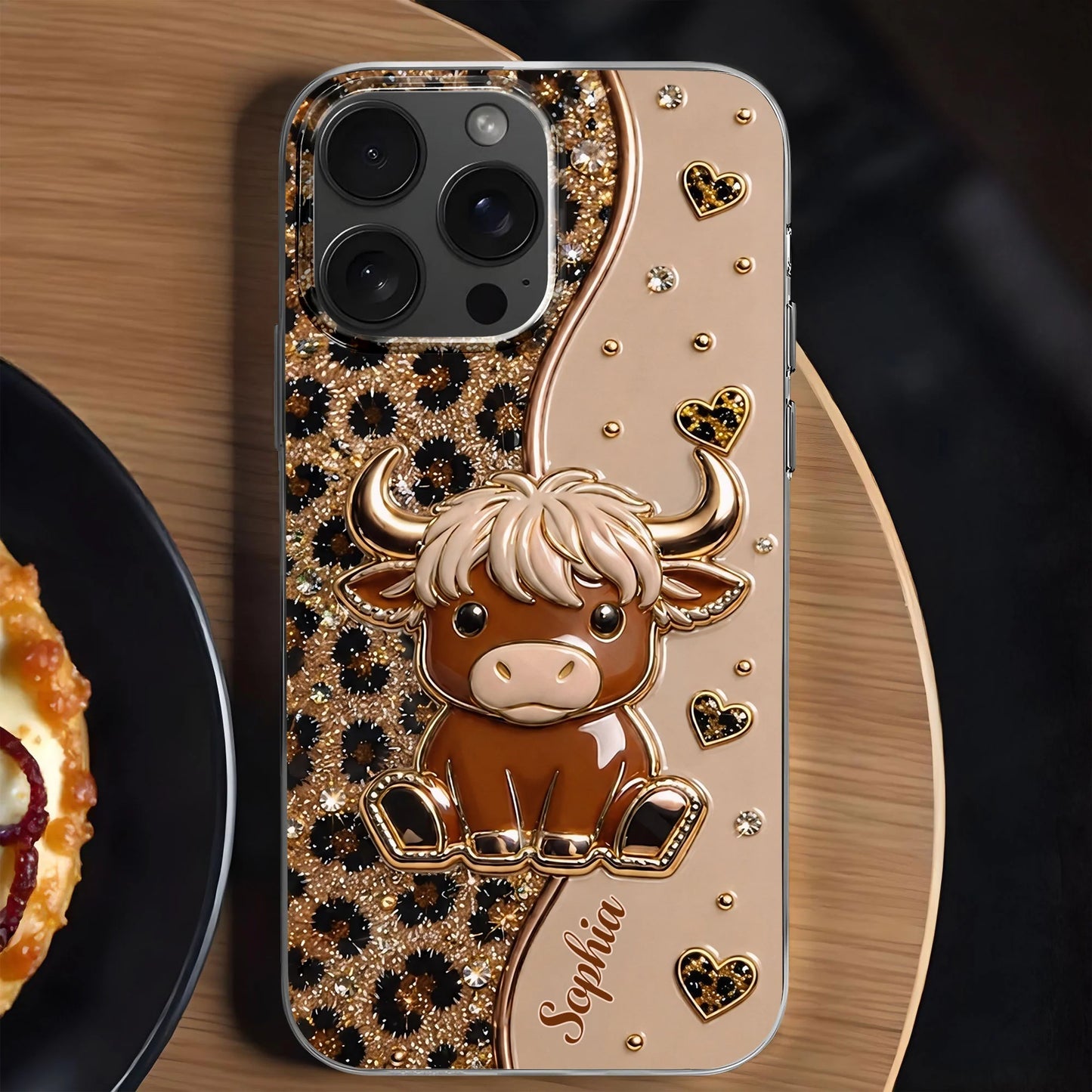 Highland cow personalized clear phone case with glitter leopard hearts for women
