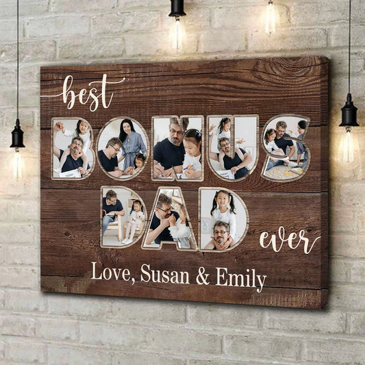 Custom Bonus Dad Photo Canvas for Stepmom / Stepdad with personalized design details for meaningful gifting