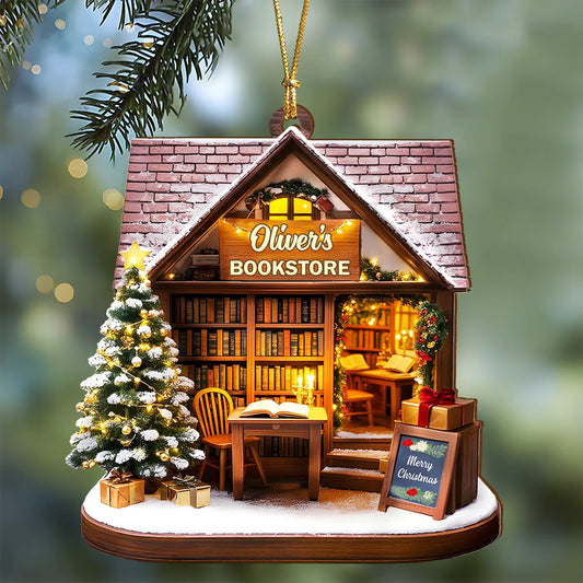 Personalized Book Lover Christmas Ornament - Custom Cozy Bookstore Wood Keepsake Gift