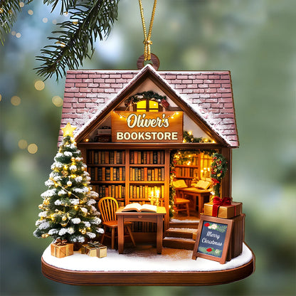 Personalized Book Lover Christmas Ornament - Custom Cozy Bookstore Wood Keepsake Gift