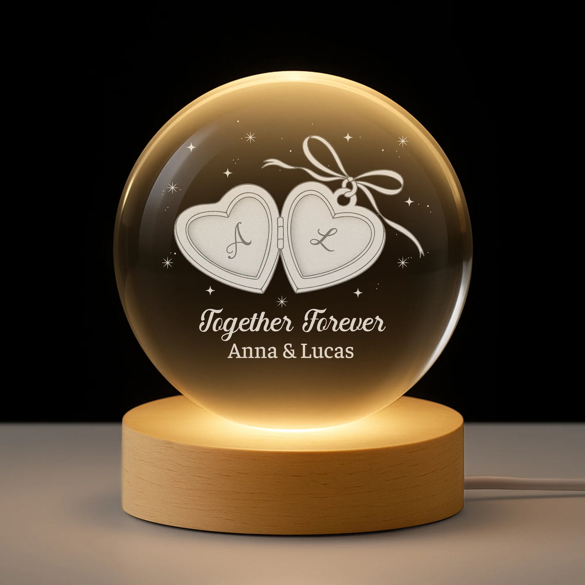 Personalized Couple Crystal Ball Lamp - Custom Photo Heart Locket Anniversary Gift