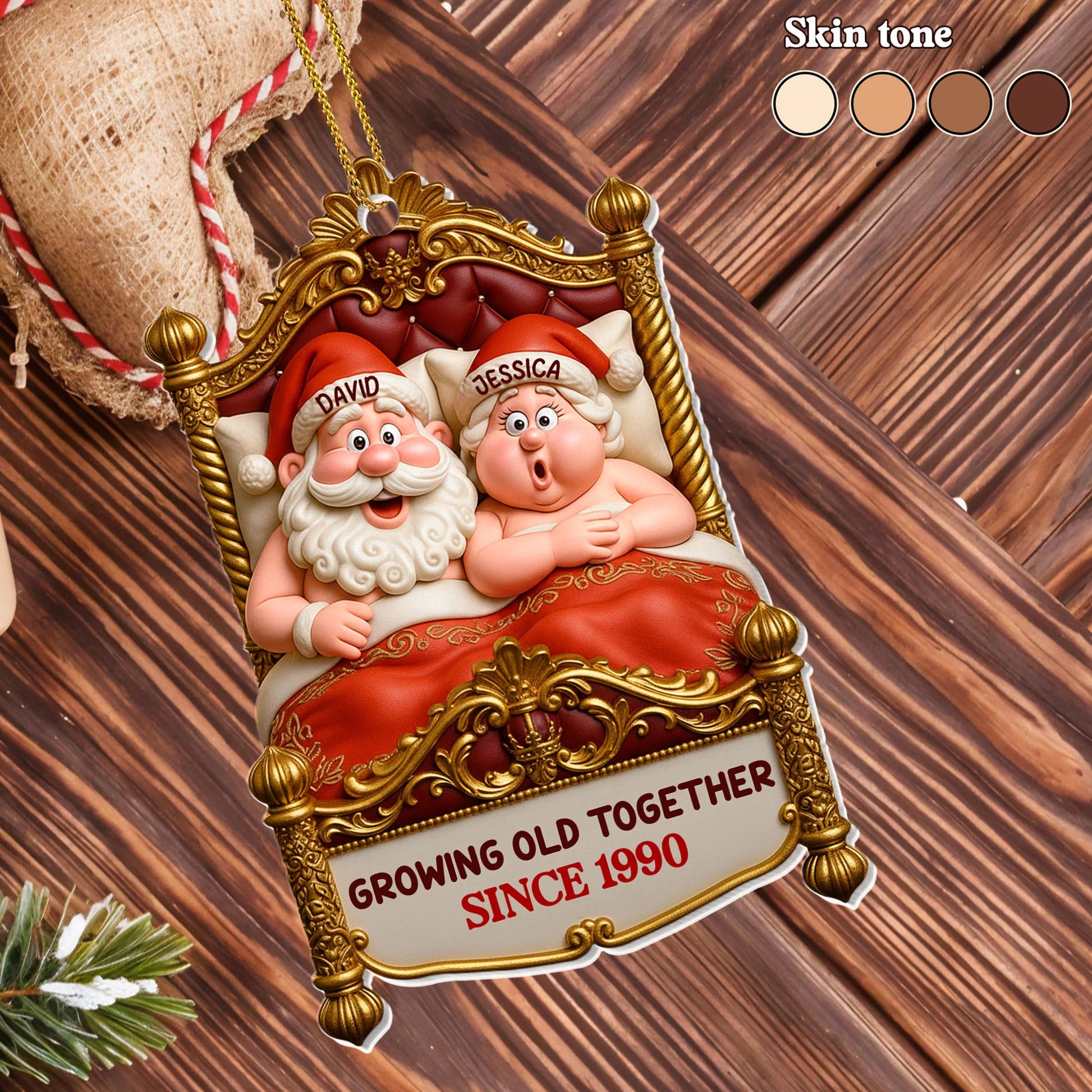 Custom couple christmas ornament featuring personalized Santa and Mrs. Claus in bed with Growing Old Together quote