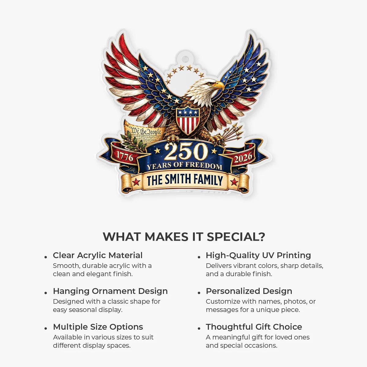 250 Years Of Freedom Eagle Acrylic Ornament - Custom Family Name Patriotic Keepsake Gift