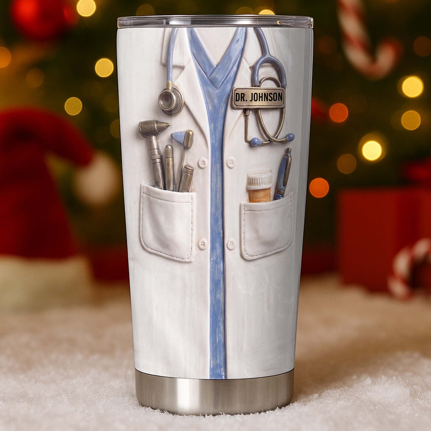 Personalized doctor tumbler featuring 3D style white lab coat stethoscope design with custom name tag for doctors image 6