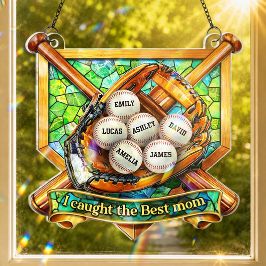 Personalized mom suncatcher with custom baseball glove and children names for Mother's Day window hanging