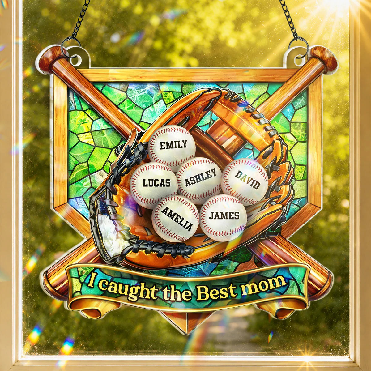 Personalized mom suncatcher with custom baseball glove and children names for Mother's Day window hanging