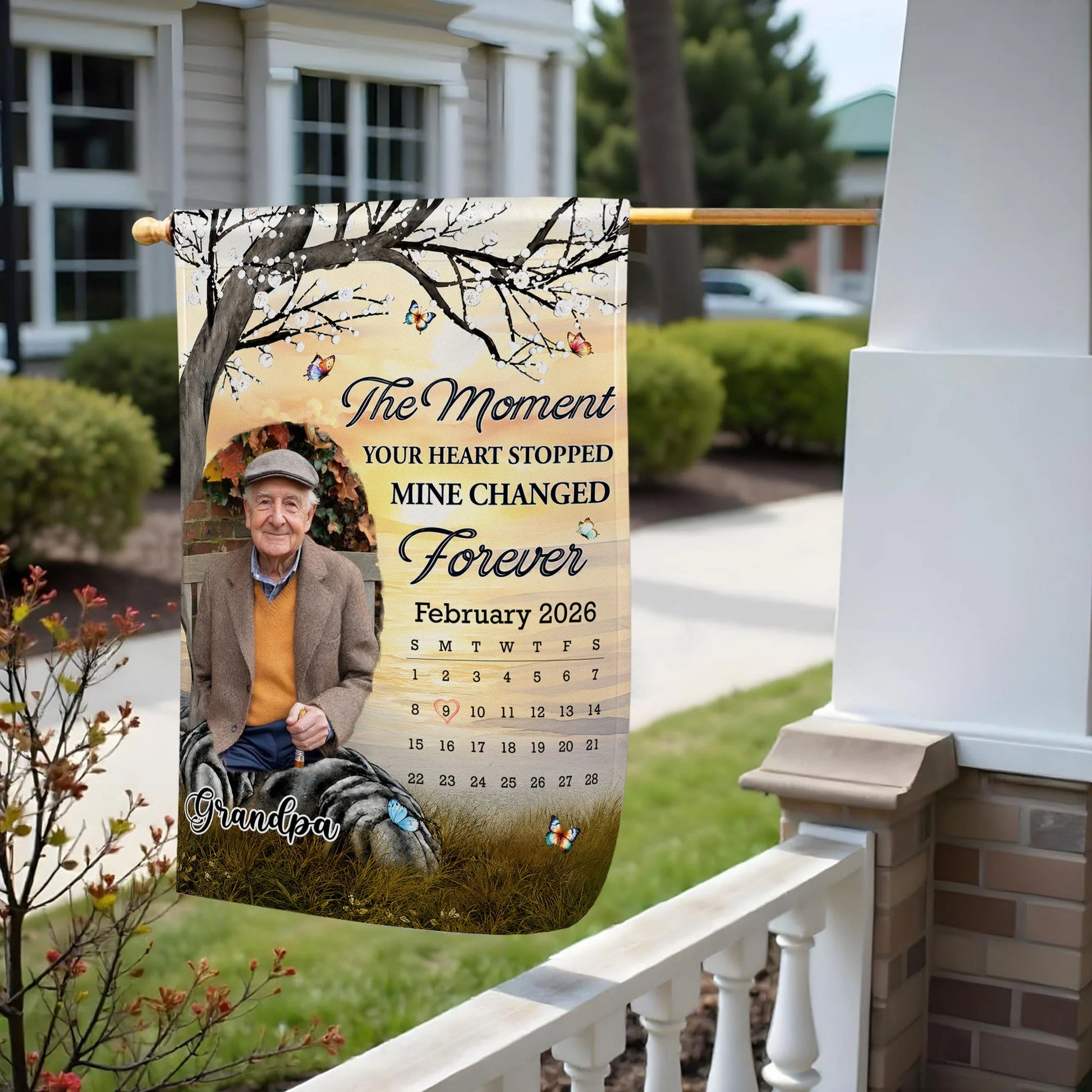 Personalized memorial garden flag for dad with custom photo calendar and tree - unique sympathy outdoor decor image 7