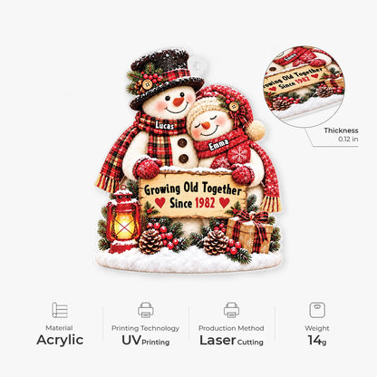 "Growing Old Together" Snowman Couple Personalized Acrylic Ornament - Anniversary Keepsake for Couples