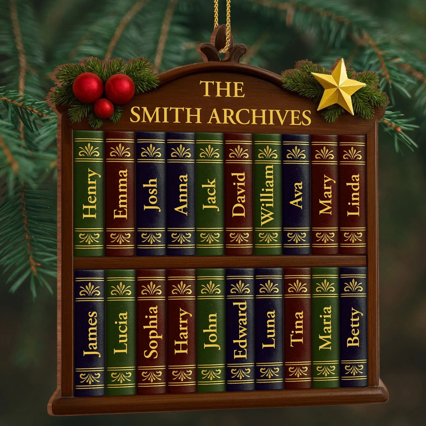Custom Family Bookshelf Wooden Ornament - Personalized Christmas Decor Gift for Book Lovers