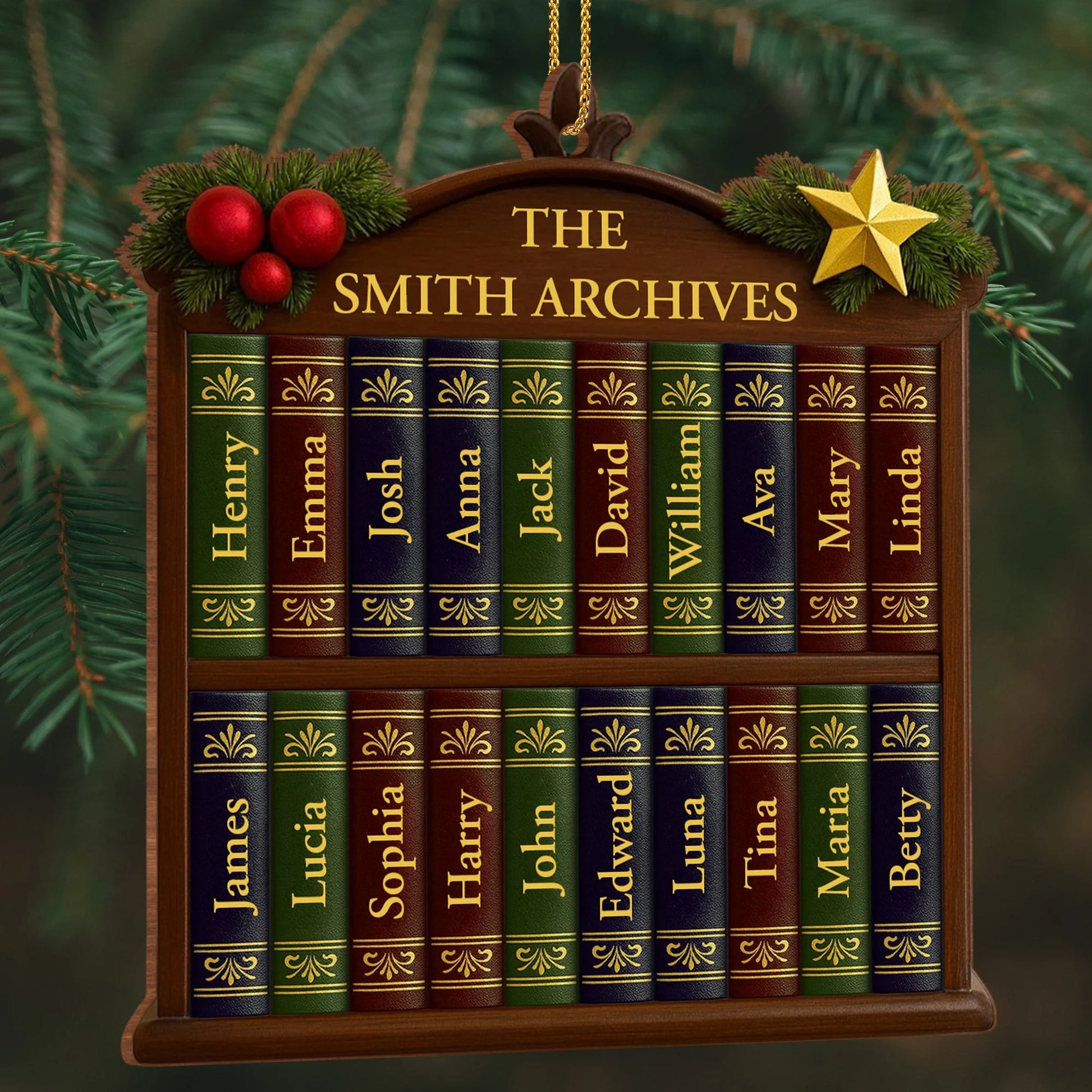 Custom Family Bookshelf Wooden Ornament - Personalized Christmas Decor Gift for Book Lovers