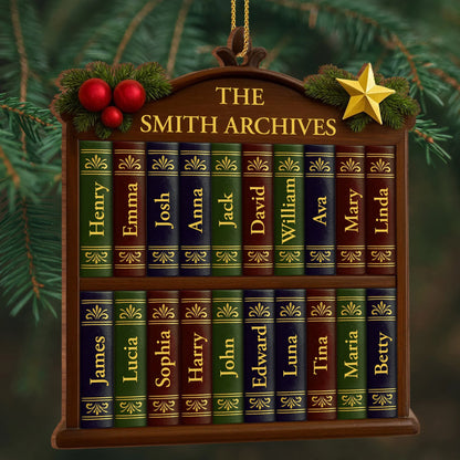 Custom Family Bookshelf Wooden Ornament - Personalized Christmas Decor Gift for Book Lovers