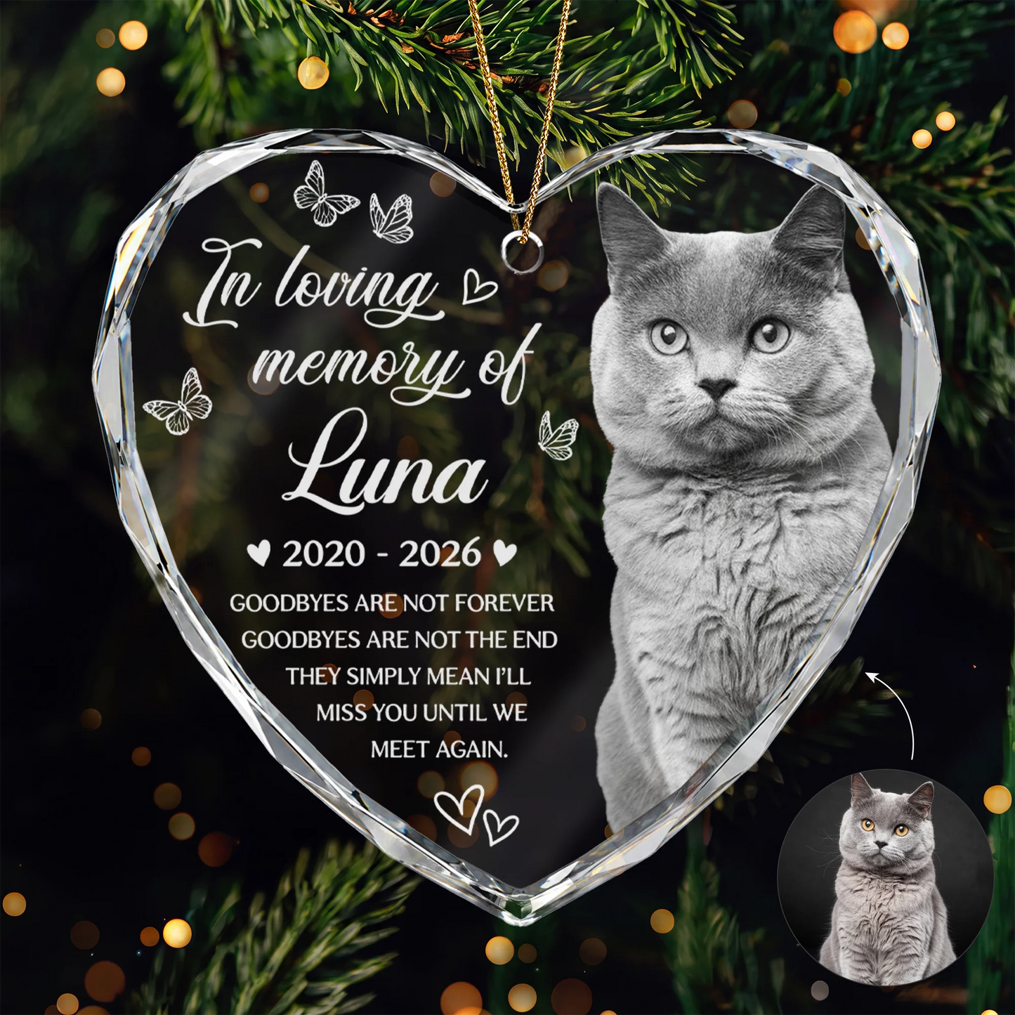 In Loving Memory Custom Pet Photo Glass Heart Ornament - Personalized Pet Loss Keepsake Memorial Gift