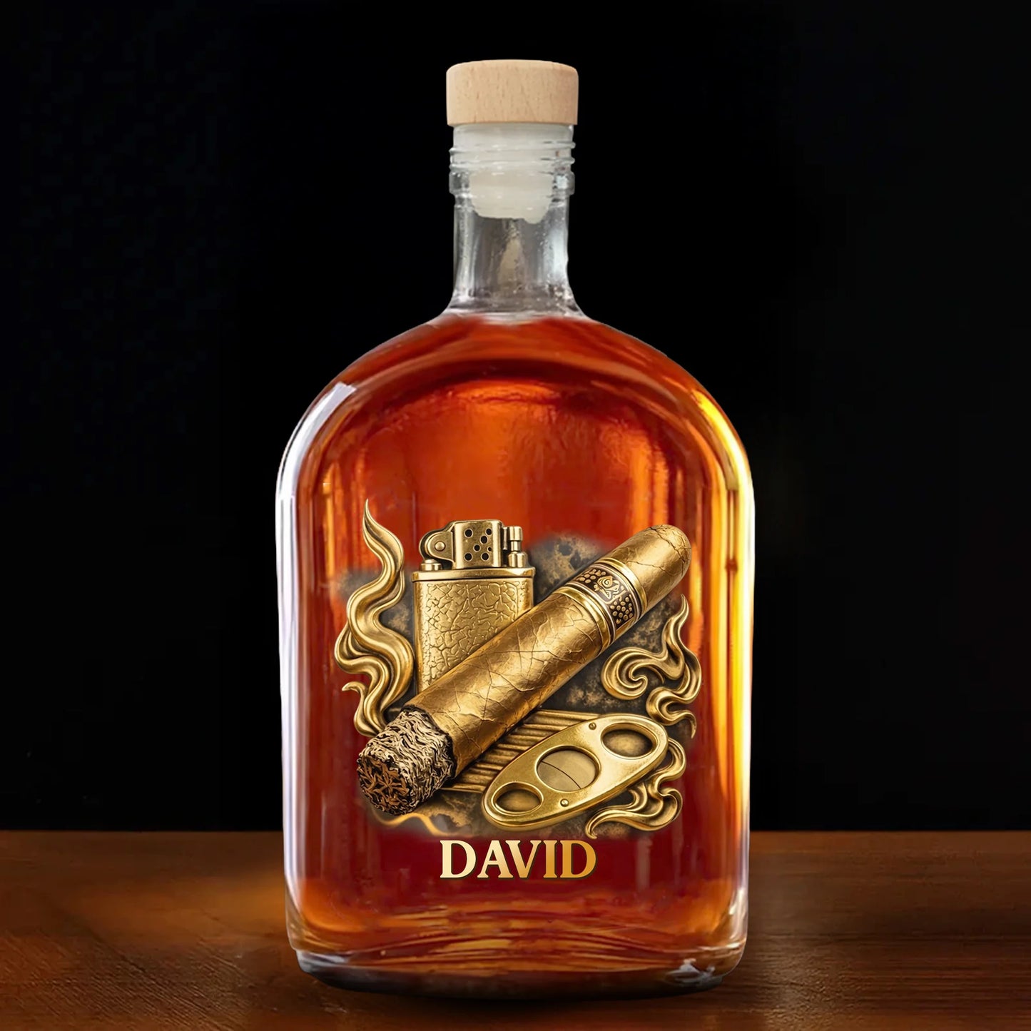 Personalized whiskey bottle decanter with 3D effect cigar and lighter design custom engraved with name David