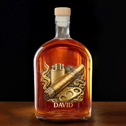 Personalized whiskey bottle decanter with 3D effect cigar and lighter design custom engraved with name David