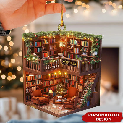 Cozy Miniature Bookstore Personalized Wooden Ornament - Christmas Tree Keepsake for Book Lovers