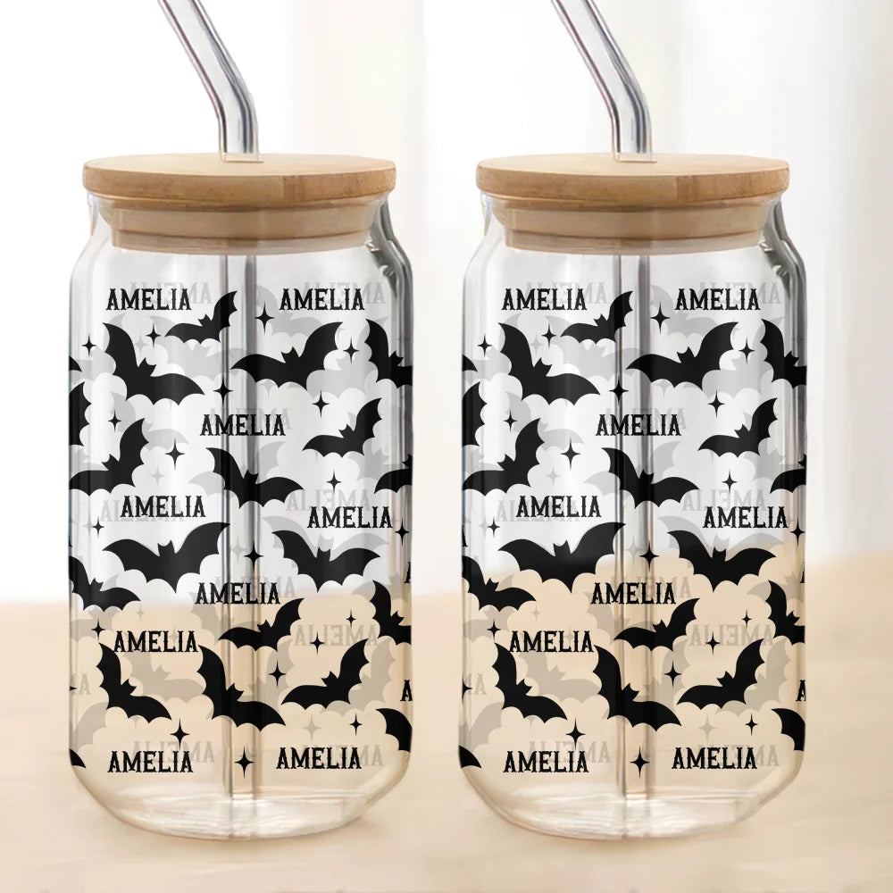 Spooky Season Bats Personalized Halloween Glass Can Cup - Cute Custom Fall Gift For Her