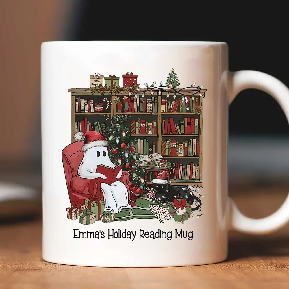 Custom Holiday Reading Mug - Personalized Christmas Ghost Book Lovers Ceramic Mug