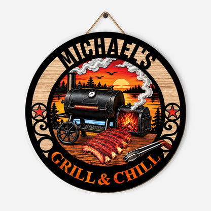 Grill and Chill Personalized Wood Sign - Custom Smoker BBQ Patio Art Gift