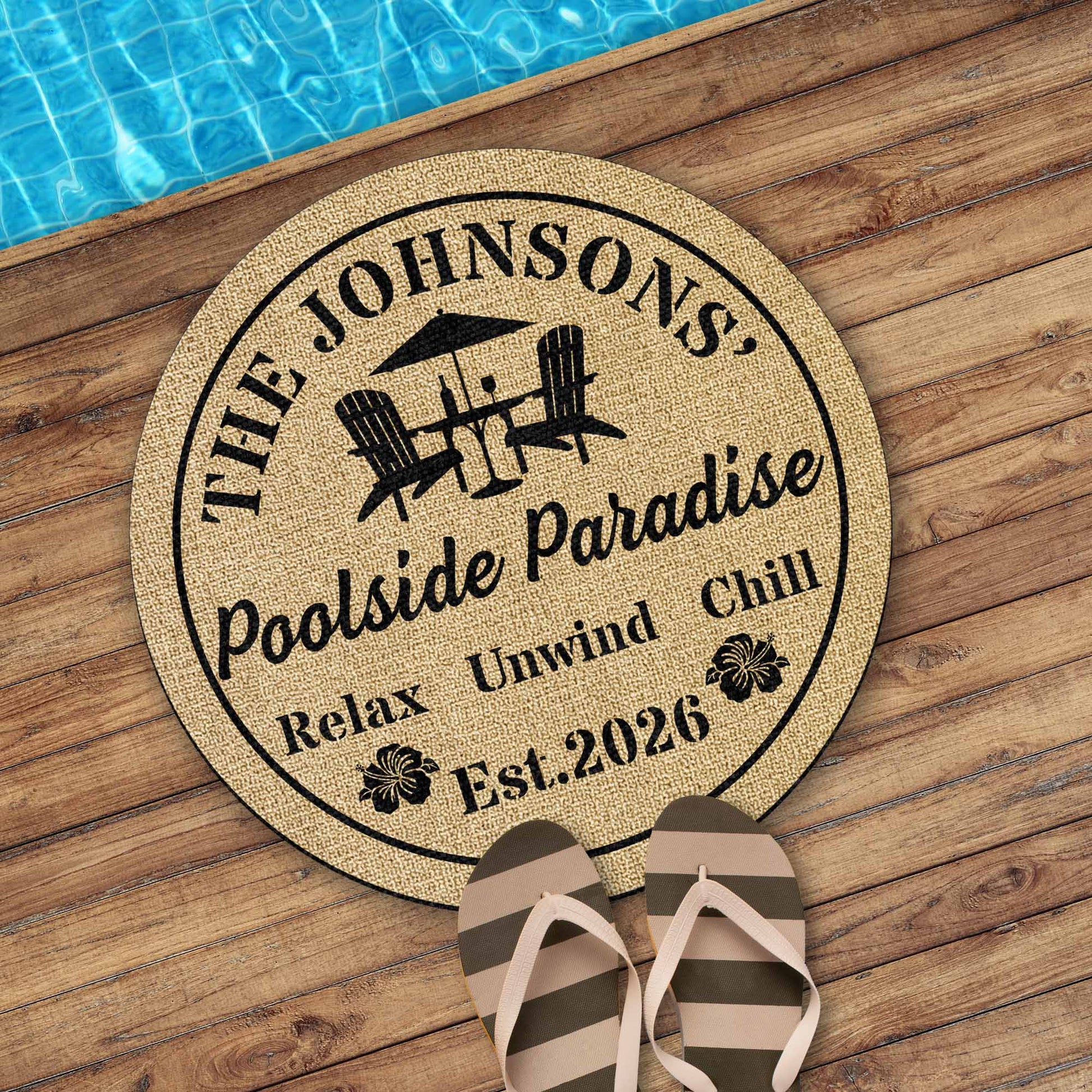 Personalized Poolside Paradise Doormat for Couples with personalized design details for meaningful gifting